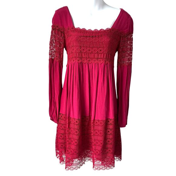 Anthropologie Whimsigoth Raspberry Red Crochet Lace Dress Sz 2 Lined Long Sleeve - Picture 1 of 16